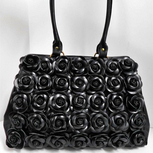 Clever Carriage Company French Black Leather Rose Large Satchel - Picture 1 of 6